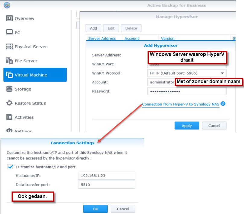 OPGELOST: Active Backup for Business - Backup Hyper-V krijg ik niet aan de praat