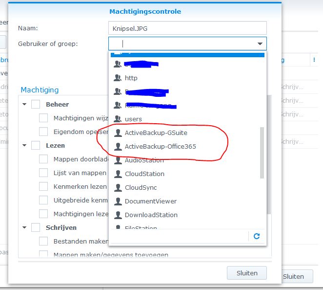 ActiveBackup-GSuite en ActiveBackup-Office365 users in machtigingscontrole