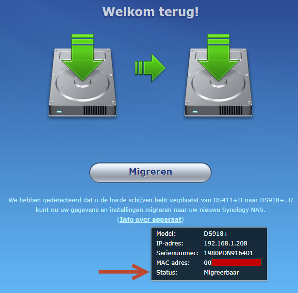 Migratie DS411+II > DS918+ mislukt.